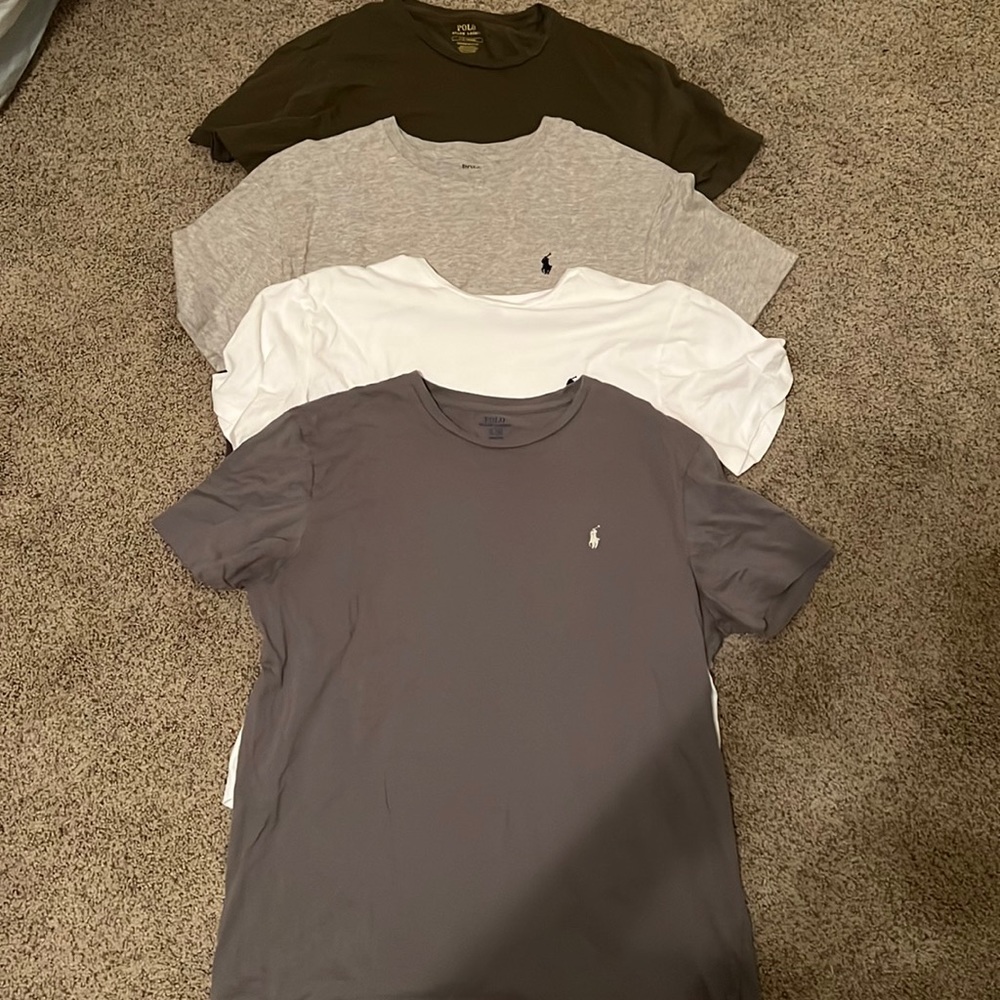 4 polo ralph lauren t shirts. Mens size L. Grey, green, tan, white.